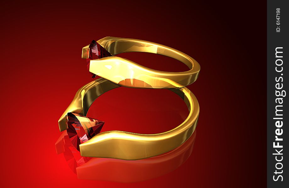 Gold engagement and wedding rings with ruby stone on gradient background. Gold engagement and wedding rings with ruby stone on gradient background.