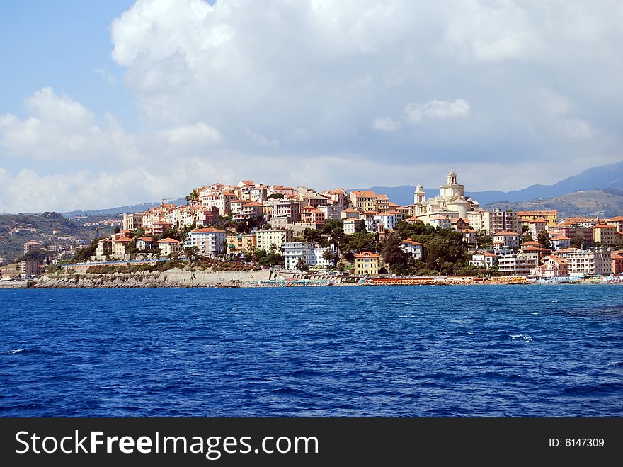 View of Porto Maurizio, village in Liguria, Italy from the sea.