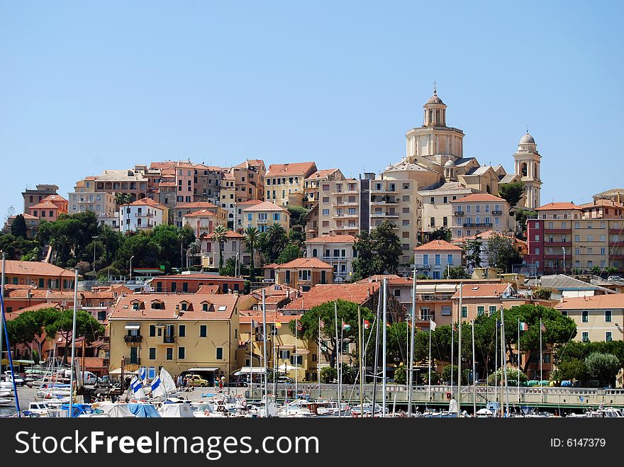 View of Porto Maurizio, village in Liguria, Italy from the sea.