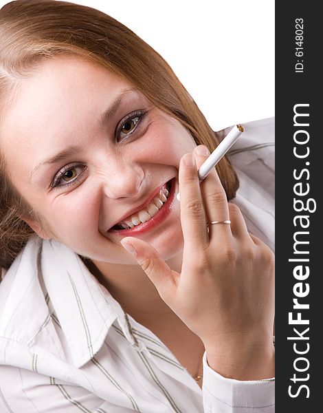 Portrait of beautiful girl posing with cigarette. Isolated against white background. #1. Portrait of beautiful girl posing with cigarette. Isolated against white background. #1