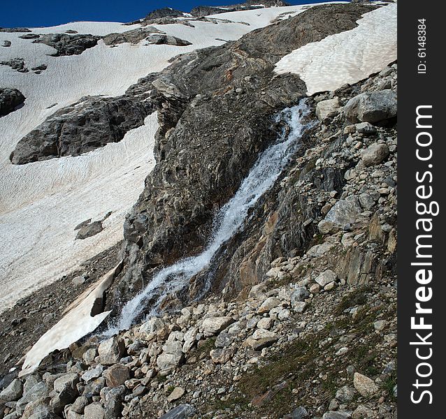 Panorama of the waterfall in Caucasian mountains