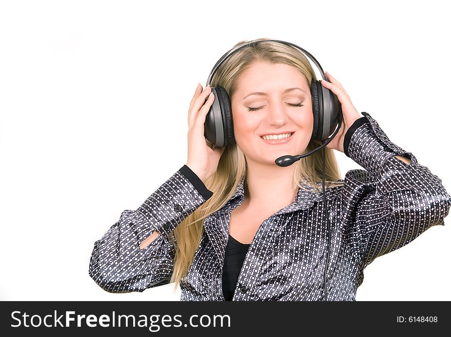 Young woman with headphones listening to music over white background