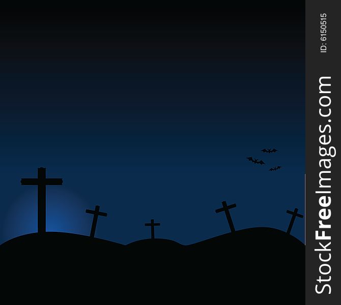 Illustration of a cemetery at night, with crosses on the ground and bats flying to the right of the screen. Illustration of a cemetery at night, with crosses on the ground and bats flying to the right of the screen.
