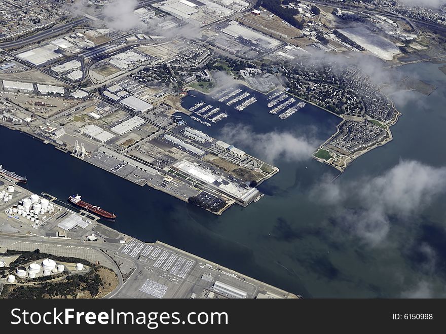 View of the Oakland harbor from the sky. View of the Oakland harbor from the sky