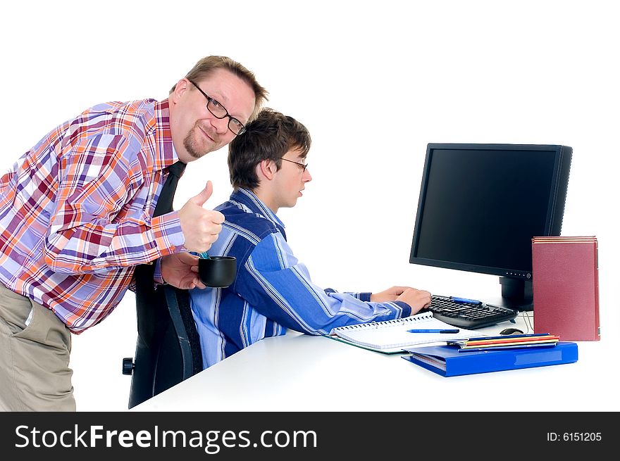 Teenager student doing homework with computer and books on desk, proud father, white background