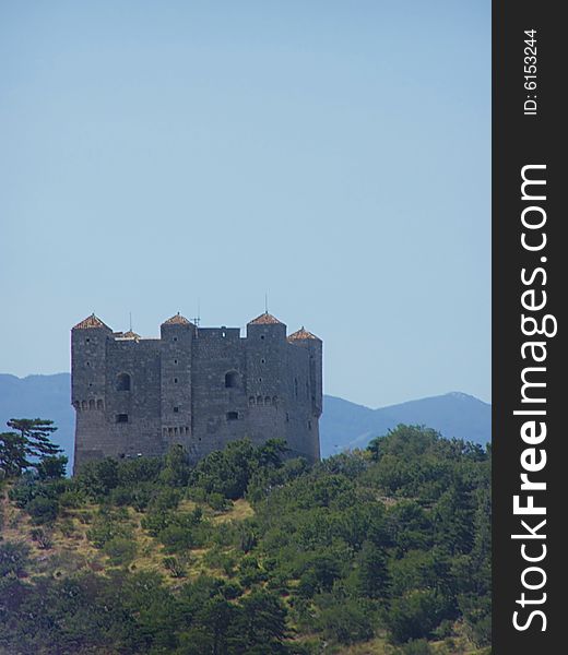 Croatia postcard: Senj - Nehaj Fortress, built in 16th century protected the town of Senj from both sea and land attacks. This well-preserved fortress is also a symbol of the Croatian battle against the Turkish Empire. 
Today the fortress is the part of town museum. Velebit Mountain in the background, clear blue sky. 

*with space for text (copyspace).