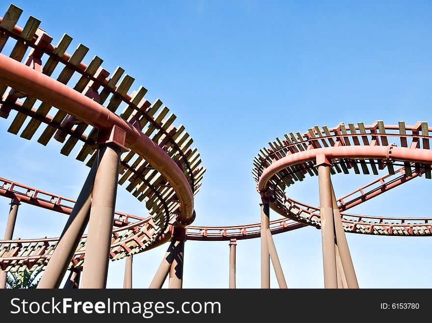 Rollercoaster tracks against a blue sky - landscape exterior