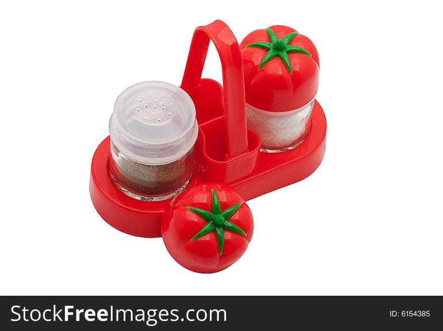 The complete set of a saltcellar and pepperbox in a red support. The complete set of a saltcellar and pepperbox in a red support