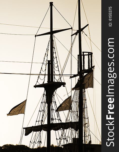 Ship foremast, masts and cordage against the sepia. Ship foremast, masts and cordage against the sepia