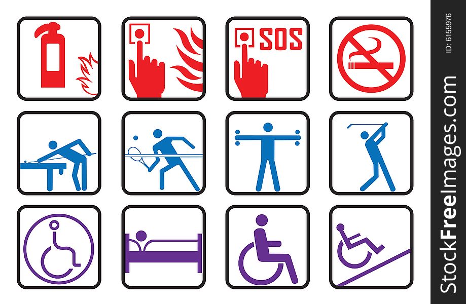 Twelve buttons with symbols of fire emergency,sports and health care.