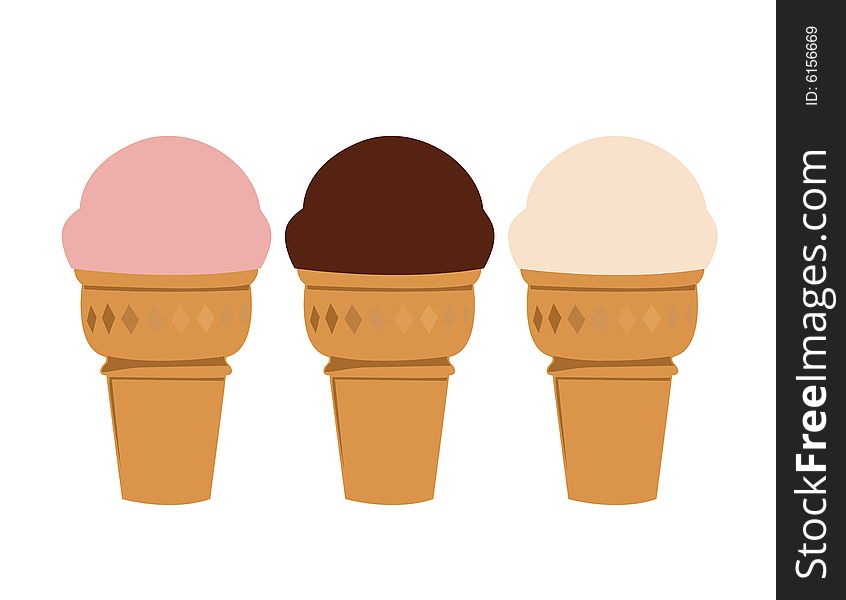 Strawberry, chocolate and vanilla ice cream cones illustration. Strawberry, chocolate and vanilla ice cream cones illustration