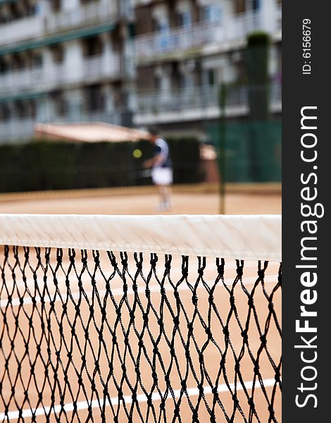 A net in the tennis court