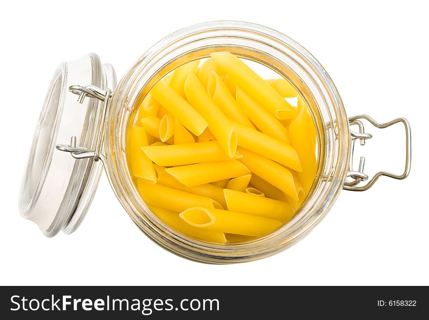 Pasta in glass can on a white background