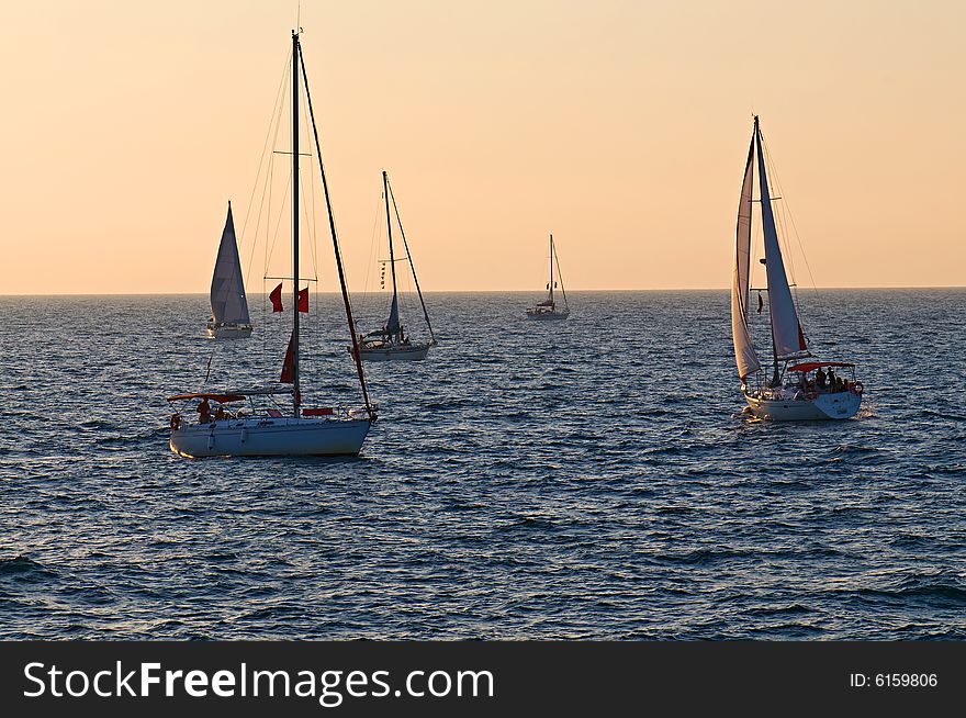 Five yachts sailing on sunset in calm sea
