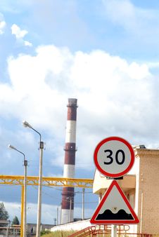 Industrial Tube And Road Sign Stock Images Industrial Tube And Road Sign Stock Images