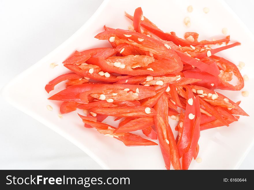 Fresh sliced chili in isolated white plate