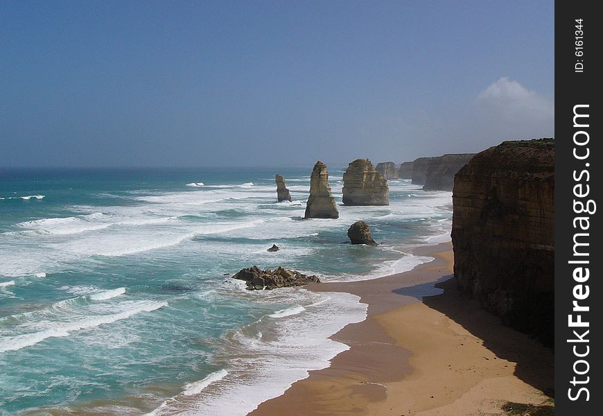 The famous view -twelve apostles on the Great Ocean Road of Australia. Actually now they become 11 apostles cos you can see the first one in the photo has fell down. The famous view -twelve apostles on the Great Ocean Road of Australia. Actually now they become 11 apostles cos you can see the first one in the photo has fell down.