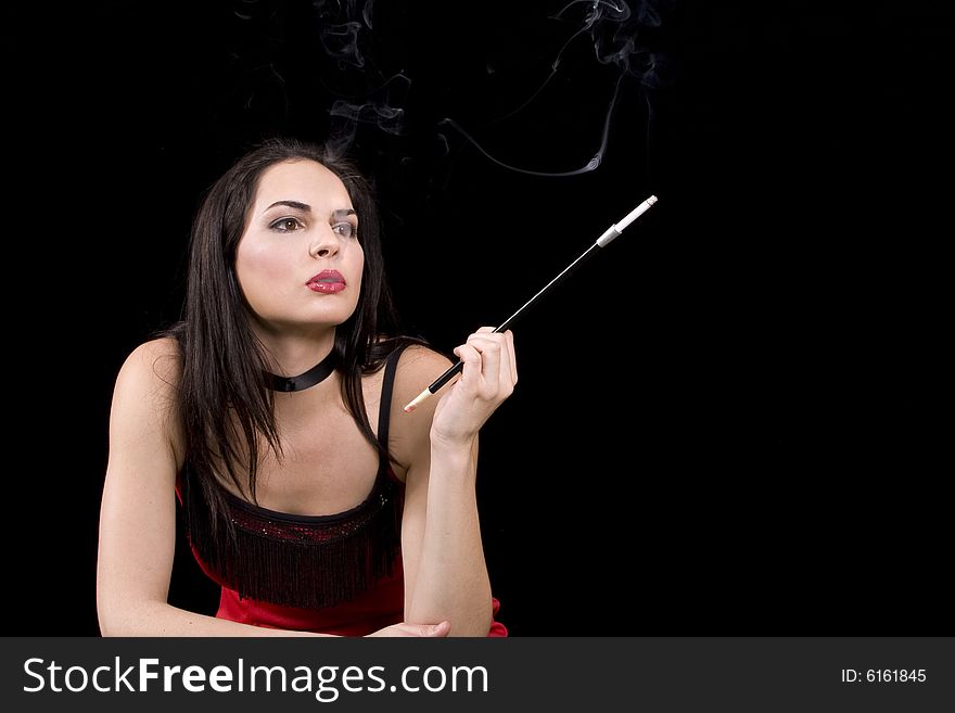 Smoking stick brunette