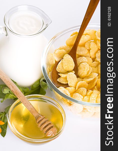 Healthy natural breakfast with cereals, milk and honey. Healthy natural breakfast with cereals, milk and honey