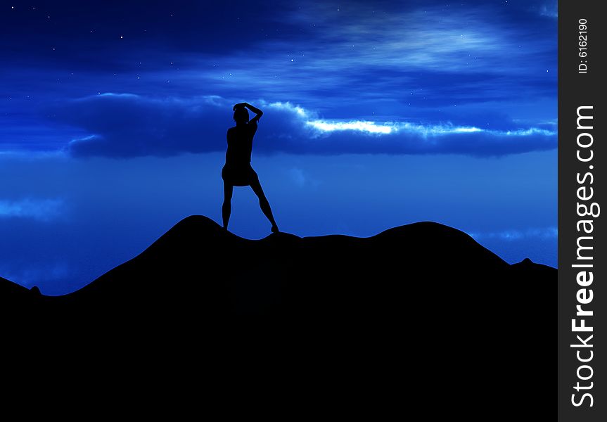 A silhouette of a women standing on a hill with a sky background. A silhouette of a women standing on a hill with a sky background.