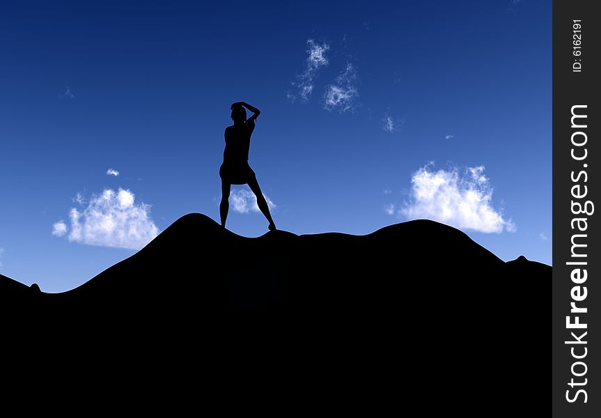 A silhouette of a women standing on a hill with a sky background. A silhouette of a women standing on a hill with a sky background.