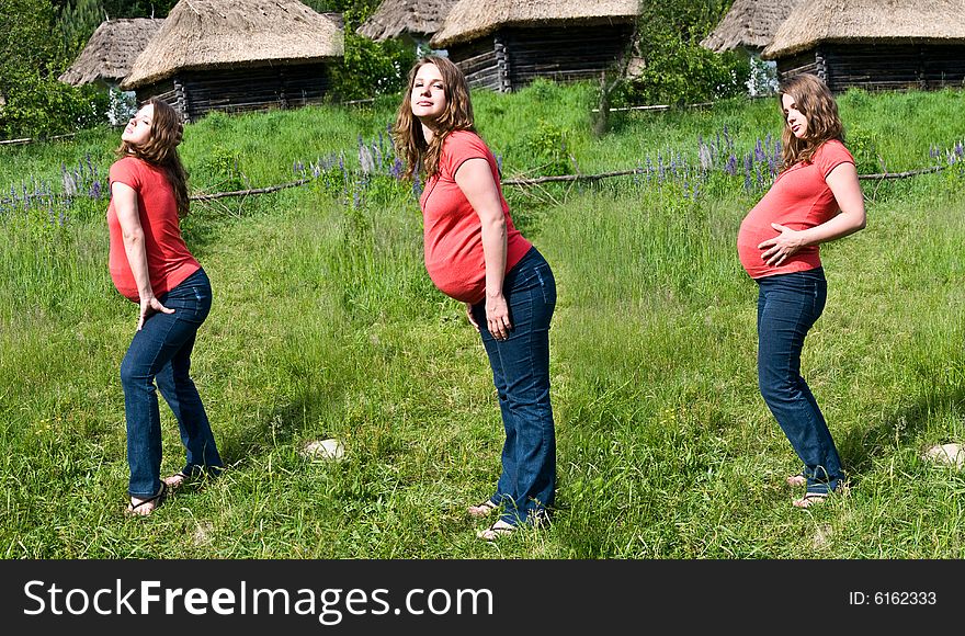 Pregnant girl in three different poses on a background a rural cottage