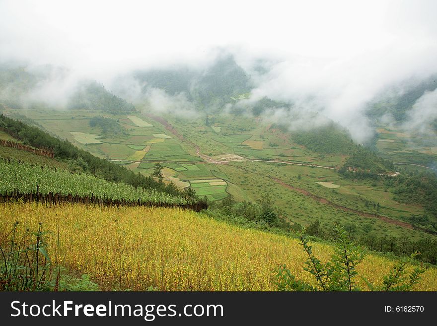 The photo is about Yunnan province of China, there is a large field in front of a mountain, there are some clouds in the sky. The photo is about Yunnan province of China, there is a large field in front of a mountain, there are some clouds in the sky.