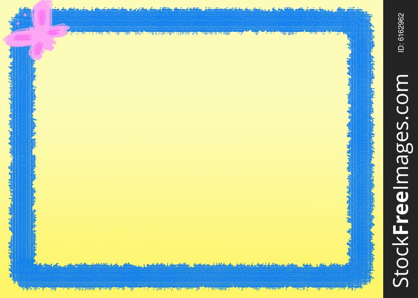 A pink butterfy on a spot of a blu frame in a yellow background. Coloured Picture. Digital drawing. A pink butterfy on a spot of a blu frame in a yellow background. Coloured Picture. Digital drawing.