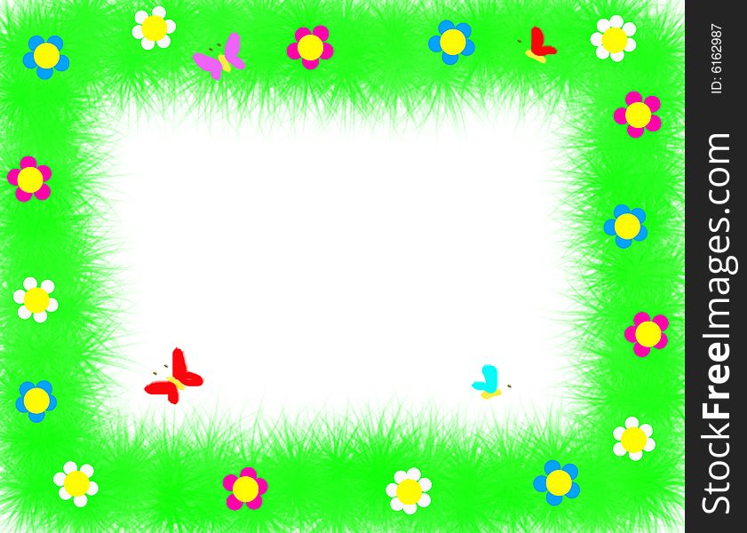 Funny coloured frame. Grass with coloured flowers and butterflies flying around. Coloured picture. Digital drawing.