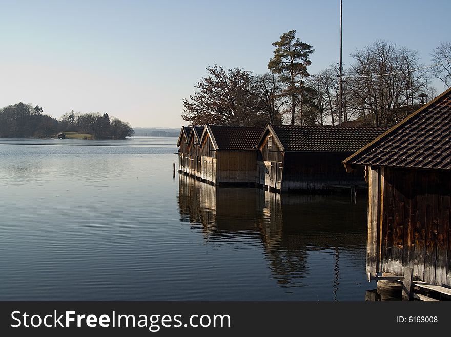 Old boathouses in Staffelsee Lake (Bavaria, Germany)