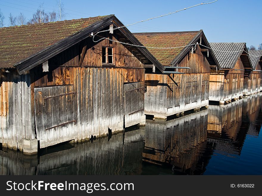 Old boathouses in Staffelsee Lake (Bavaria, Germany)