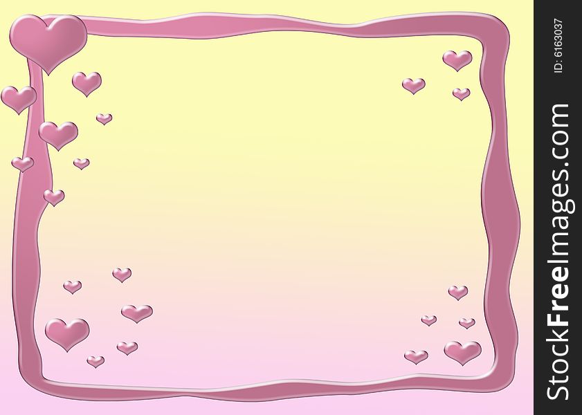 Pink puff frame on a yellow background with puff hearts around. Coloured picture. Digital drawing. Pink puff frame on a yellow background with puff hearts around. Coloured picture. Digital drawing.