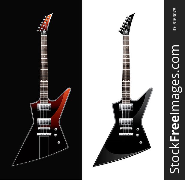 Two electric guitars executed in different colour gamma