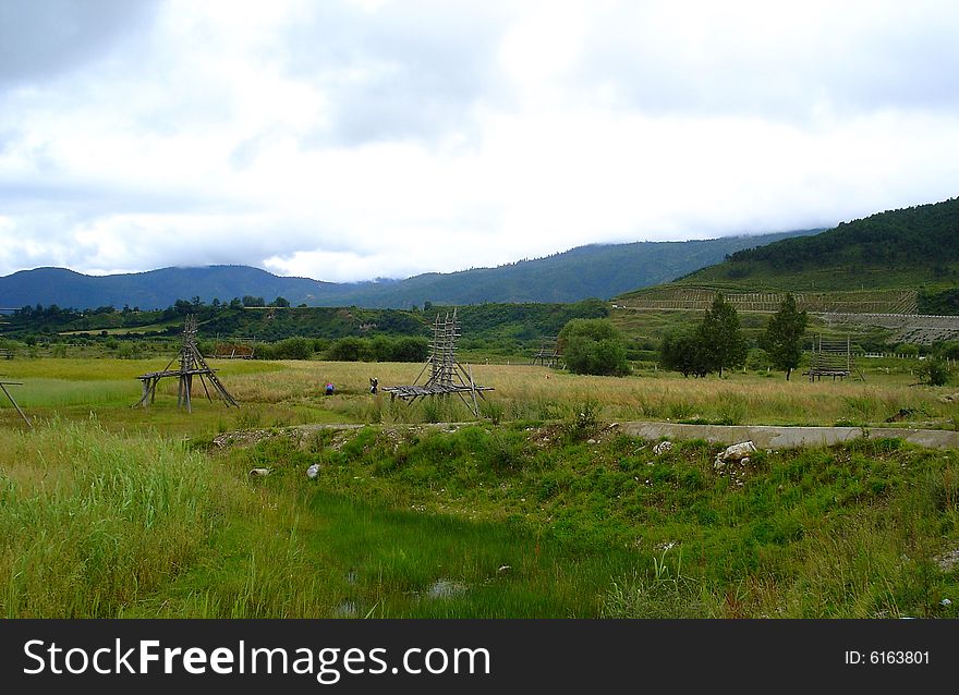 The photo is about Yunan province of China, there is a large field in front of mountains, there are some clouds in the sky. The photo is about Yunan province of China, there is a large field in front of mountains, there are some clouds in the sky.