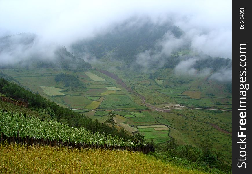 The photo is about Yunnan province of China, there is a large field in front of mountains, there are some clouds in the sky. The photo is about Yunnan province of China, there is a large field in front of mountains, there are some clouds in the sky.