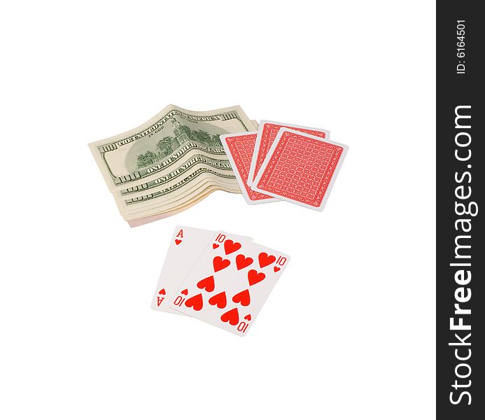 Hundred dollar denominations and a card combination �twenty one� on a white background. Hundred dollar denominations and a card combination �twenty one� on a white background