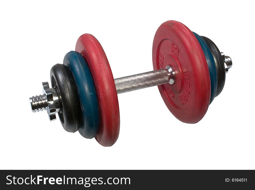 Folding dumbbell with the chromeplated handle and multi-coloured rubber disks on a white background