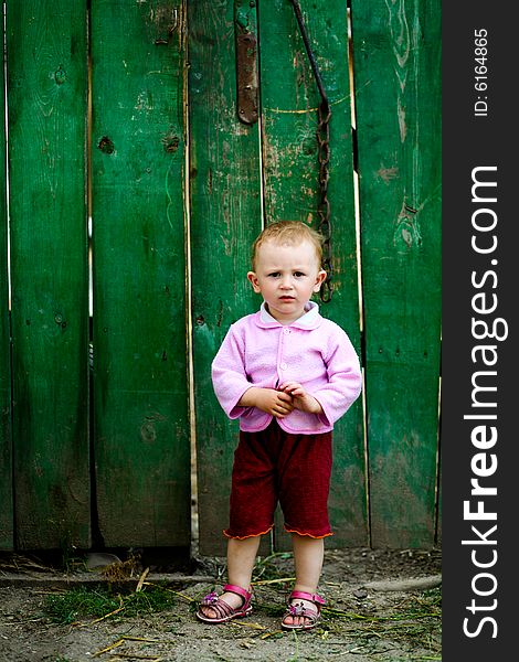 An image of  litle girl near green fence. An image of  litle girl near green fence