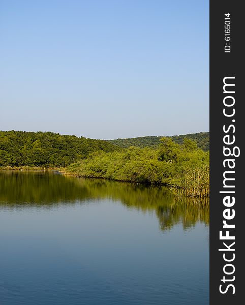 Wide river and shores with trees and green on a deep blue sky