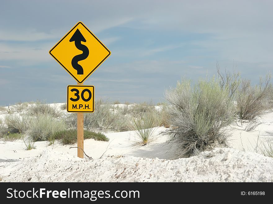 Curve ahead sign at the white sand dunes national park