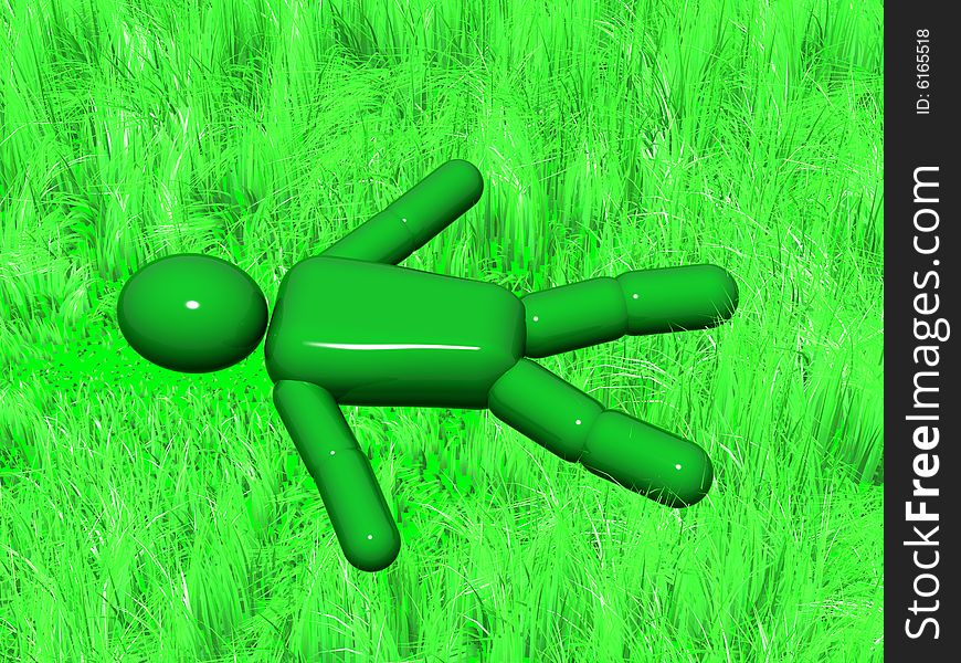 3d green person lying on a grass