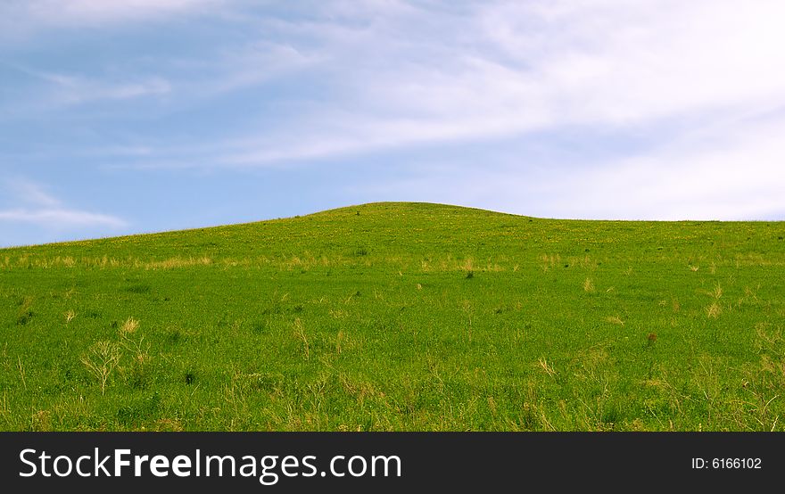 Green grass field with hill