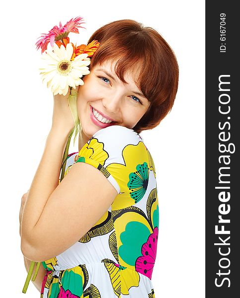 Happy young girl with flowers over white