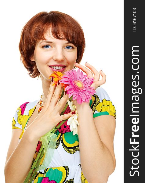Happy young girl with flowers over white