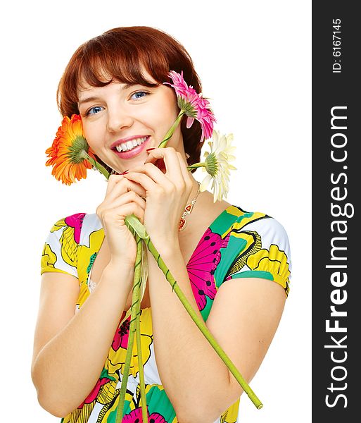 Happy young girl with flowers over white