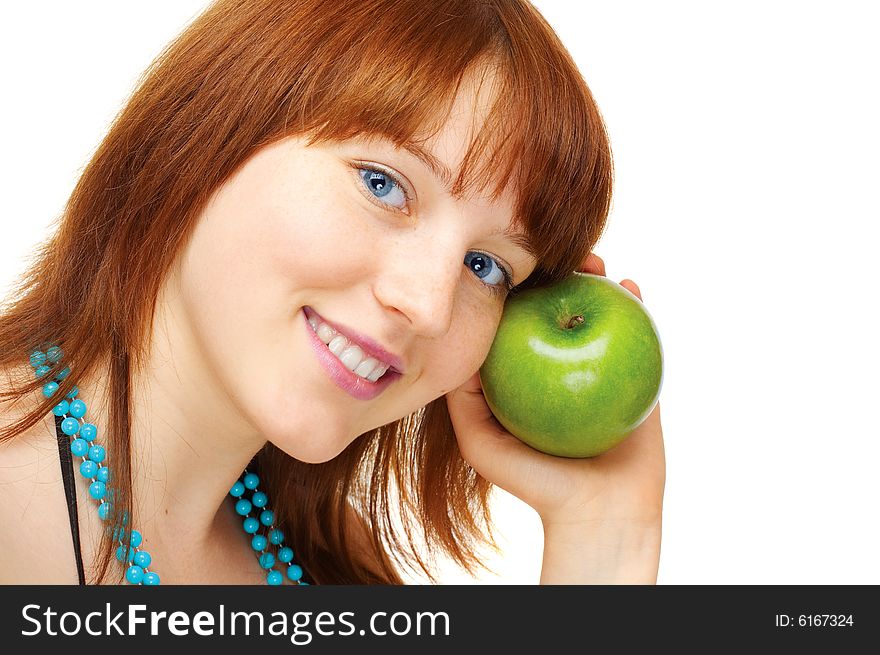 Happy young girl with apple over white