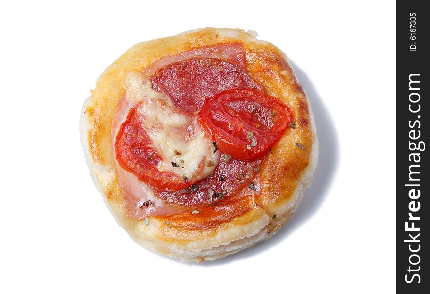 Salt pizza cake with tomato and salami. Salt pizza cake with tomato and salami