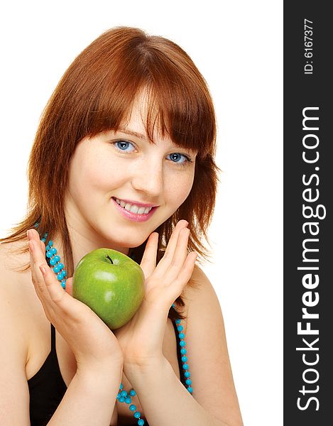 Happy young girl with apple over white