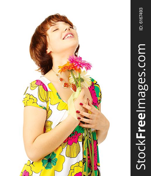 Happy young girl with flowers over white