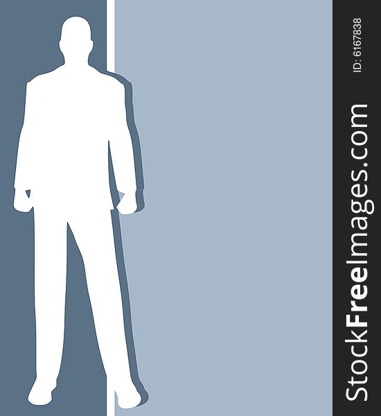 An illustration featuring a white silhouette businessman standing in front of 2-tone background in simple colours. An illustration featuring a white silhouette businessman standing in front of 2-tone background in simple colours